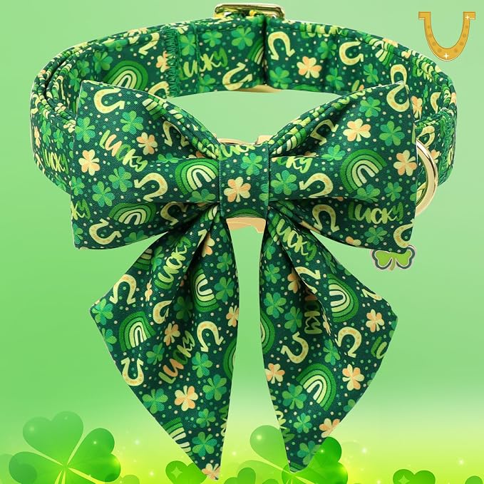 DOGWONG St. Patrick's Day Dog Collar with Sailor Bow Tie- Lucky Shamrock Bowtie Collar for Girl Boy Dog, Trefoil Dogs Collars Durable Adjustable, XS