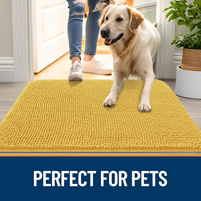 OLANLY Dog Door Mat for Muddy Paws 34x21, Super Absorbent Chenille Mud Mat | Yellow, Absorbs Moisture and Dirt, Non-Slip Machine Washable Doormat, Quick-Drying Indoor Entryway Floor Carpet for Dogs