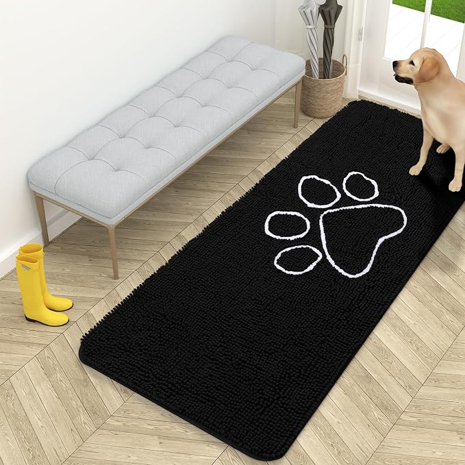 OLANLY Dog Door Mat for Muddy Paws 59x24, Paw Print Design Chenille Mud Mat | Black, Absorbent, Traps Moisture and Dirt, Non-Slip Washable Doormat, Quick-Drying Indoor Entryway Floor Carpet for Dogs