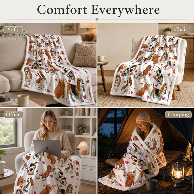 BlessLiving 50x60 Sherpa Fleece Throw Blanket, Basset Hound | sherpa fleece. basset hound print; for couch, bed, or sofa.