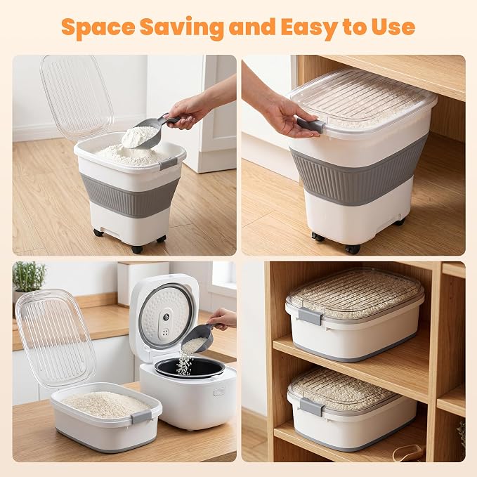 50 Lbs Rice Container, Collapsible Dog Food Storage Container | Airtight Cat Food Container with Wheels, Transparent Lid, Measuring Cup, Scoop, BPA Free for Pet Food, Grain, Bird Seed