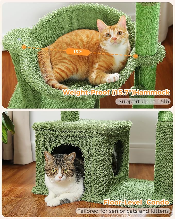MUTTROS Cactus Cat Tree 40" Cat Tower with Large Metal Carpet Hammock, Cat Scratching Post for Indoor Cats with Condo & Replaceable Toy Ball, Green