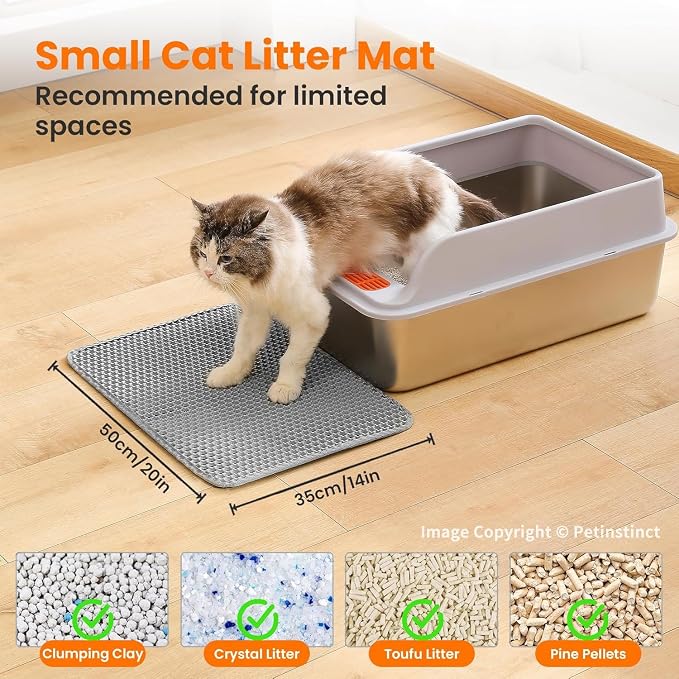 Small Cat Litter Mat, Double Layer Honeycomb Litter Box Mat | 20x14”, Reduces Litter Tracking, Waterproof, Non-Slip, Soft on Paws, Scratch Resistant, Easy to Clean, Gray
