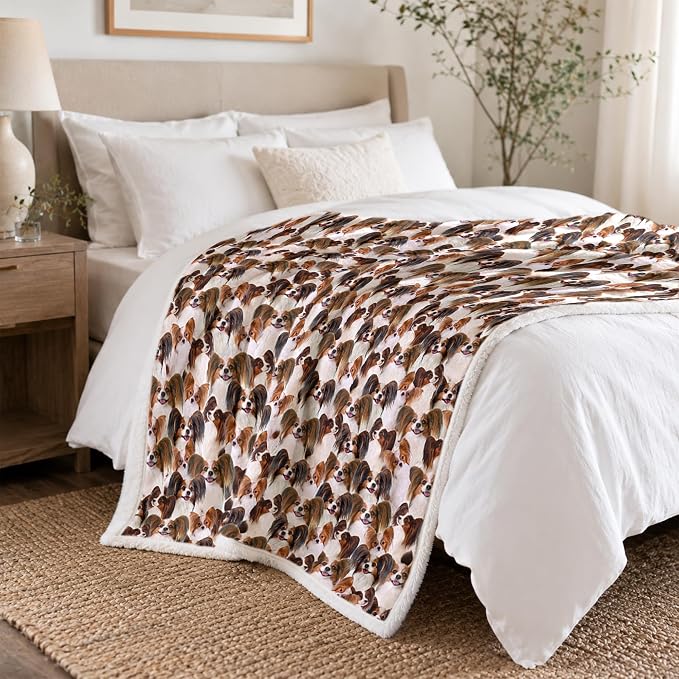 BlessLiving Papillon Brown Throw Blanket with Dense Dog Patterns Sherpa Fleece Blanket Couch Bed, Soft Cozy Warm Pet Blankets for Puppy Lovers Cute Animal Print Gift 50x60 Inches