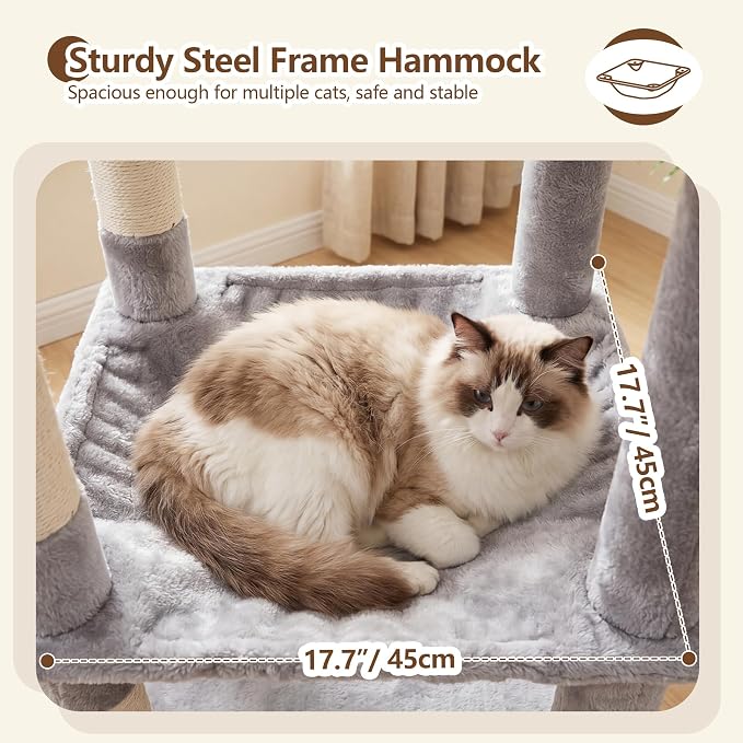 Heybly 53.1" Corner Cat Tree for Large Cats – Interactive Play HCT029W | Sturdy Cat Tower with Cozy Cat Condo, Fan-Shaped Top Perch, Basket, Hammock & Solid Base, Light Gray