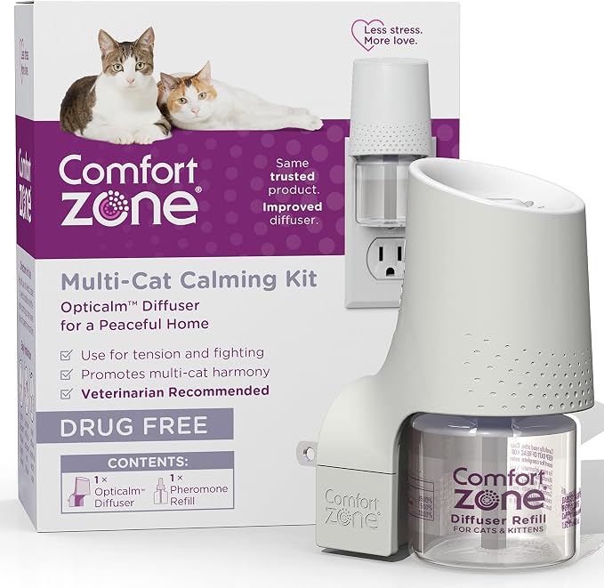 Comfort Zone Multi Cat Calming 1 Room Starter Kit, 1 Diffuser & 1 Refill | Reduce cat stress & multicat aggression & urine marking & scratching, drug & fragrance free, expert recommended, 24/7 calming