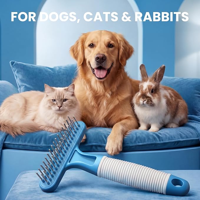 POODLIE Poodle Pet Dog Grooming Rake | Dematting Tool with Stainless Steel Shedding Comb for Pets | 2 Rows of Pins Gently Remove Loose or Tangled Hair from Undercoat (Blue)