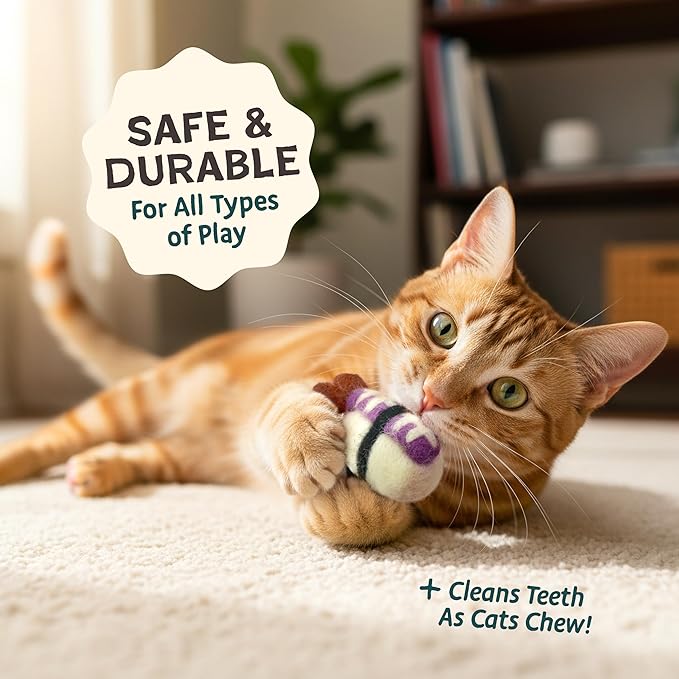 Woolbuddy Sushi Cat Toy Set – Wool Felt Interactive Toys for Indoor Cats & Kittens, Catnip-Free, Durable, Cute Enrichment Toys for Bored Cats, Natural Wool Dental & Hunting Play (Small – 9 Pcs)