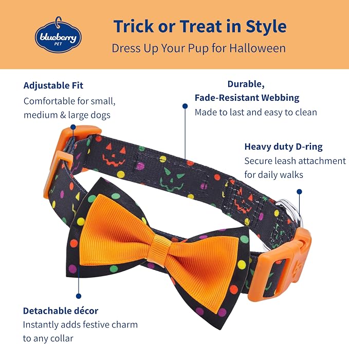 Blueberry Pet Halloween Polka Dot Adjustable Dog Collar with Detachable Bowtie, Small, Neck 12"-16"