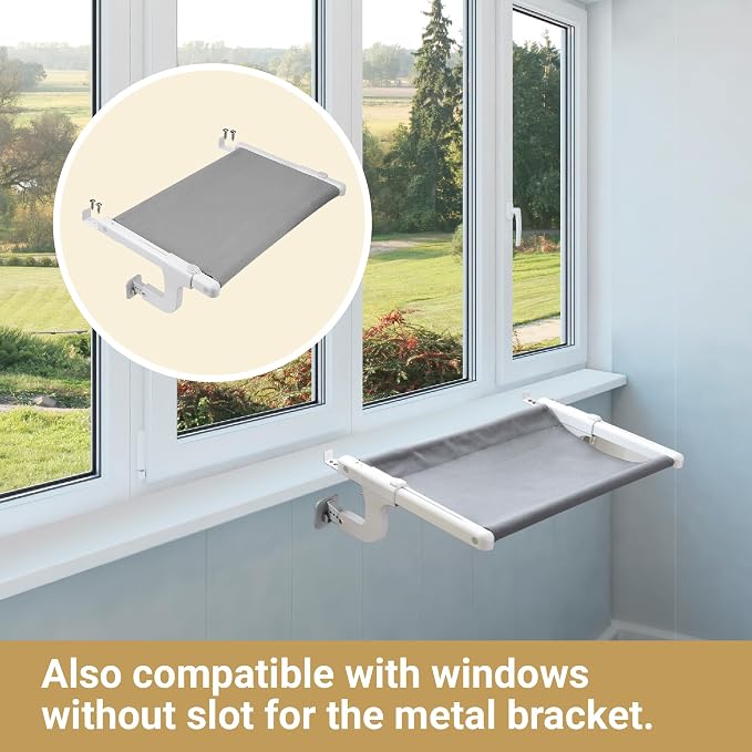 Cat Window Perch, Cat Hammock Window Seat with Sturdy Metal Frame for Large Cats and Kittens, Easy to Adjust for Windows & Bedsides, No Suction Cup No Drilling