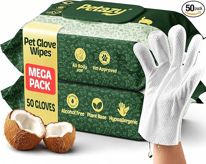 Pet Glove Wipes for Dogs & Cats - Paws, Ears & Butt Cleaning, 2x25pk | Lavender, Grooming Glove, Deodorizing, Tear-Resistant, Thick, Hypoallergenic, Aloe & Coconut Oil for sensitive skin, No Rinse