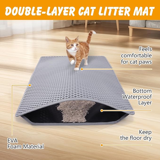 Double Layer Cat Litter Mat, Waterproof Non-Slip, 30 x 24 Inch | Honeycomb litter trapping, EVA soft on paws, urine-resistant bottom, easy shake or rinse clean