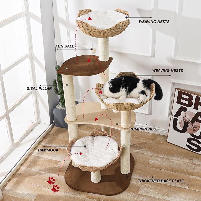 SHODMI 54-Inch Modern Cat Tree Tower, 3 Flower Basket Beds for Indoor Cats | White cloud mat, 5-level multi-cat design, 8 cm thick sisal posts, stable base, interchangeable cooling and plush mats