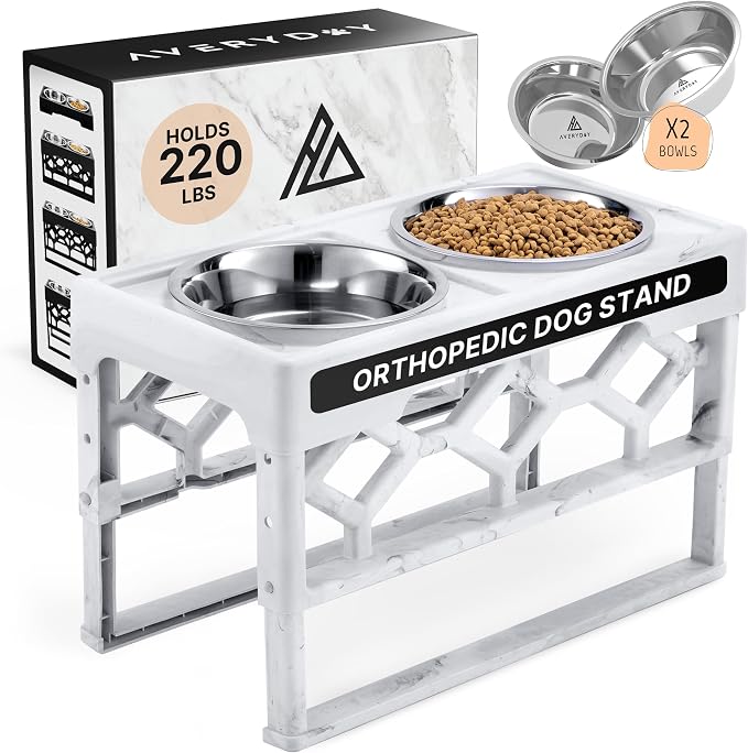 AVERYDAY Elevated Dog Bowls, 4 Height Adjustable Stand for Small and Medium Dogs, Raised Dog Feeder Holder with 2 Stainless Steel Food and Water Bowls, Anti-Slip Base Tall Feeding Station