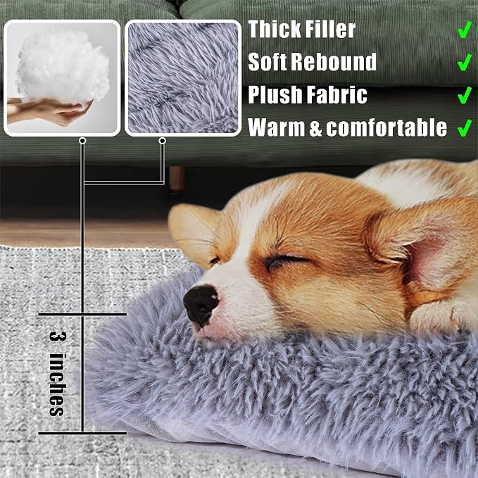 Machine Washable Dog Bed, Deluxe Plush Dog Crate Pad and Cat Bed, Anti-Slip Bottom Kennel Pad Mat, Fuzzy Pet Beds for Large, Medium, Small Dogs Breeds (Grey, 36.0" L x 24.0" W x 3.0" Th x 1 Pack)