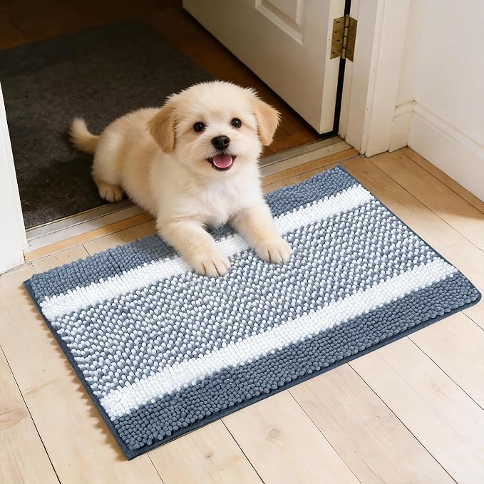 Dog Door Mat for Muddy Paws - Absorbent Quick-Dry Non-Slip Washable Chenille Pet Rug, Indoor Entryway Mat for Front Door & Crate (Blue White, 24" L*16" W)