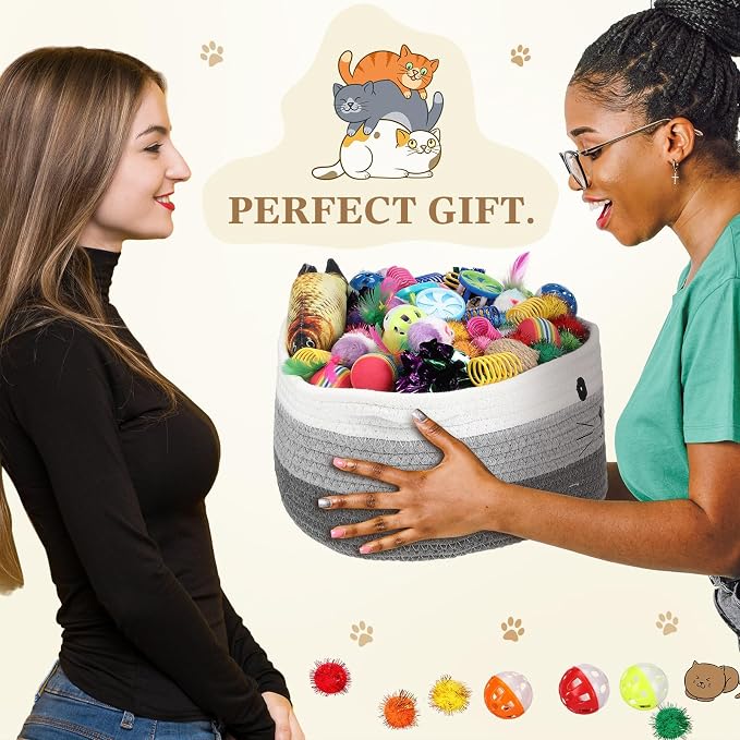 Zopeal 58 Pcs Summer Cat Storage Basket Gift Toys Set, Colorful Flashing Balls Pet Bell Crinkle Balls Spring Toys Attract Cat to Swat, Hunt, Interactive for Pet(Multicolor,12 Inch)
