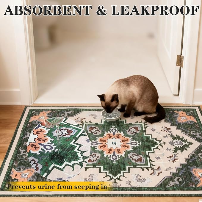 EXPAWLORER Cat Litter Mat, 20”x32” Small Non-Slip Urine Waterproof Litter Trapping Mat Easy to Clean Washable Litter Box Mat for Floor Soft on Kitty Paws, Indoor Food Mats Rug Pads for Bathroom Green