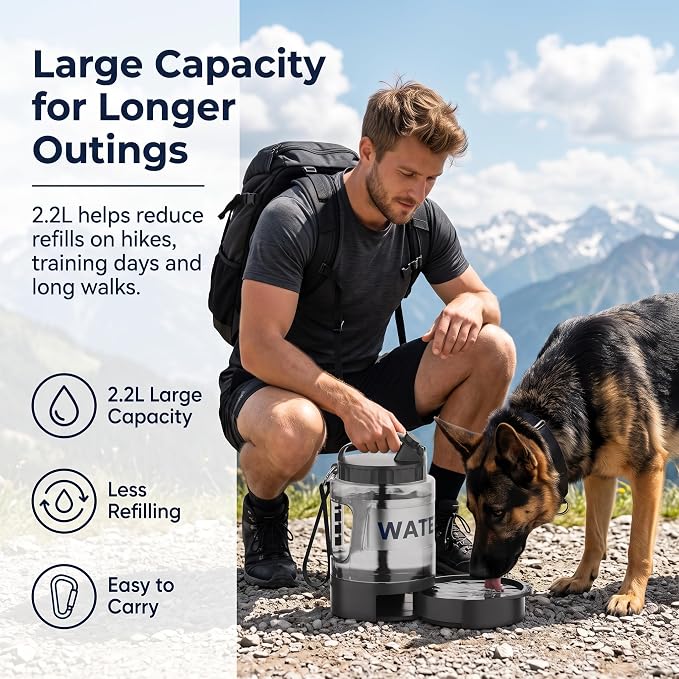 lesotc Portable Dog Water Bowl Dispenser - 77oz Travel Water Bottle with Pop-Out Drinking Bowl, No-Spill Design for Camping, Hiking & Car Rides - Keep Your Dog Hydrated Anywhere, Black