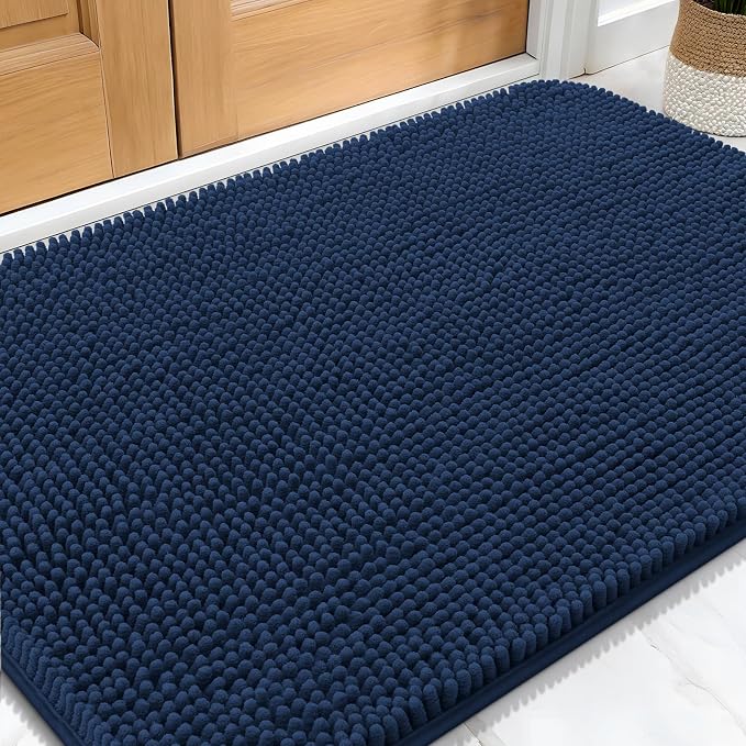OLANLY Dog Door Mat for Muddy Paws 34x21, Super Absorbent Chenille Mud Mat | Dark Blue, Absorbs Moisture and Dirt, Non-Slip Machine Washable Doormat, Quick-Drying Indoor Entryway Floor Carpet for Dogs