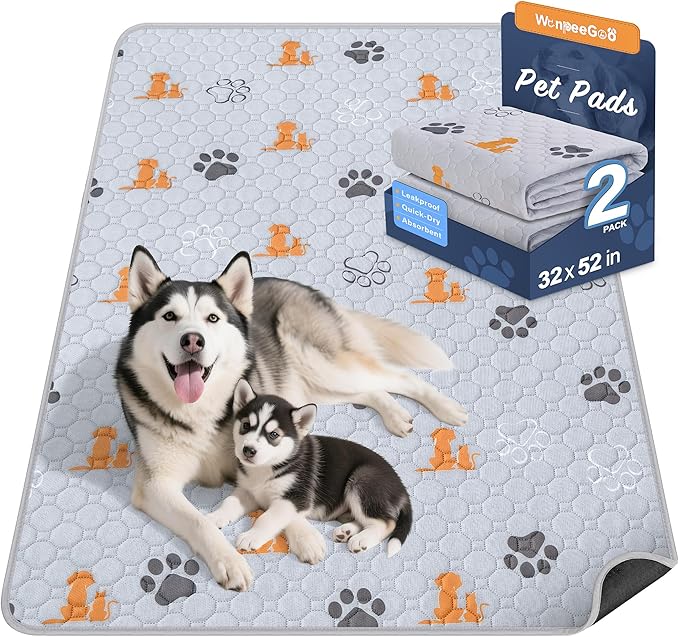 WanpeeGoo Washable Pee Pads for Dogs, Waterproof, 32 x 52 in, 2 Pack, Orng | Super Absorbent, Waterproof and Non-Slip; Washable, Reusable Dog Pads for Crates, Playpens, Floors, Furniture and Travel