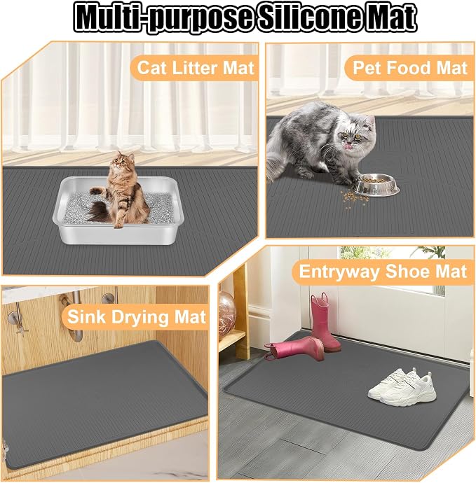 Silicone Cat Litter Mat 45" x 30" Cat Mat for Litter Box, Dark Grey | Extra Large Cat Litter Trapping Mat for Floor, Waterproof, Non-Slip Kitty Litter Box Mat with Raised Edge, Easy to Clean