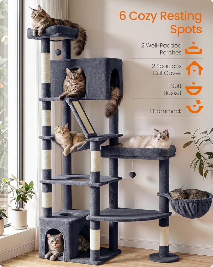 Feandrea 74.1-Inch Cat Tree Tower for Indoor Extra Large Cats, with Scratching Posts, Scratching Board, Multi-Level Design, Dark Gray UPCT016G201S