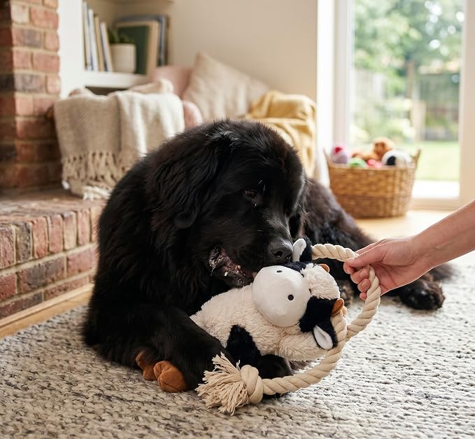 Native Pup Dog Toy Rope and Plush Stuffed Squeaker, Tug of War Toys for Dogs, Puppy Welcome Home Add on for Pets (Cow)