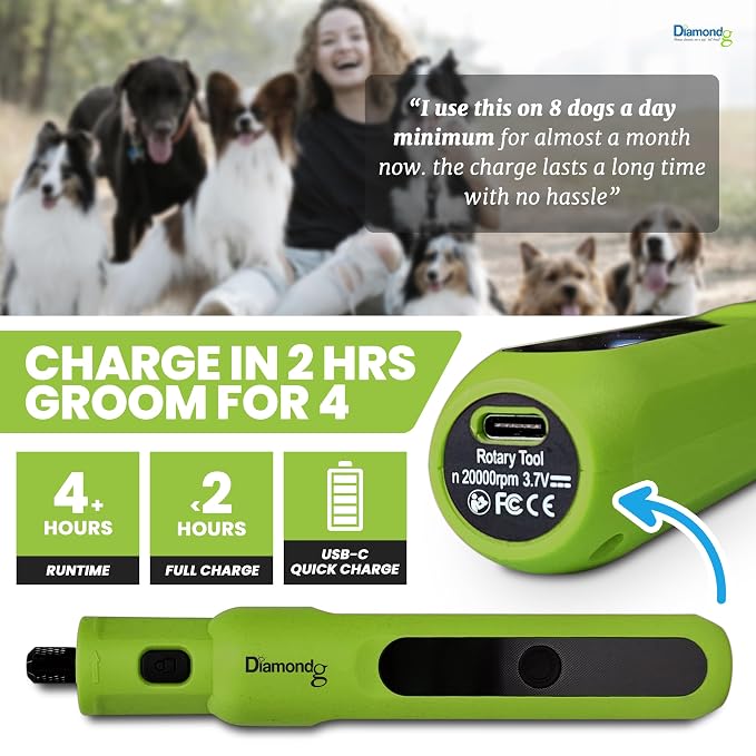 Diamondg Micro Dog Nail Grinder - Quiet Sound with LED Light, Green | 5-Speed Rechargeable Pet Nail Trimmer for Small & Large Dogs, LCD Display, USB-C Charging, 4hrs. Runtime Rotary Tool