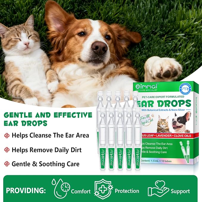 Ear Cleaner for Dogs & Cats – Gentle Plant-Based Formula with Soothing Relief, 10 Single-Use Tubes (1.5 mL Each) | Daily Ear Cleaning Solution for Pets
