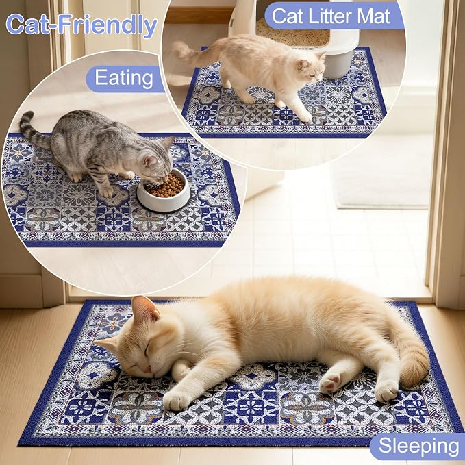 24"x15" Cat Litter Mat Waterproof Non-Slip Litter Trapping Pad | Soft Mesh Litter Box Mat With A Decorative Pattern Captures Scatter Effectively To Keep Floors Clean And Tidy