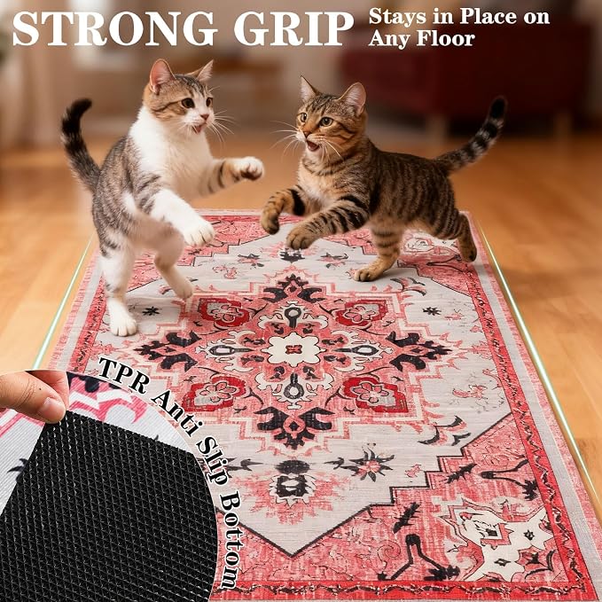 EXPAWLORER Cat Litter Mat, 20”x32” Small Non-Slip Urine Waterproof Litter Trapping Mat Easy to Clean Washable Litter Box Mat for Floor Soft on Kitty Paws, Indoor Food Mats Rug Pads for Bathroom Pink