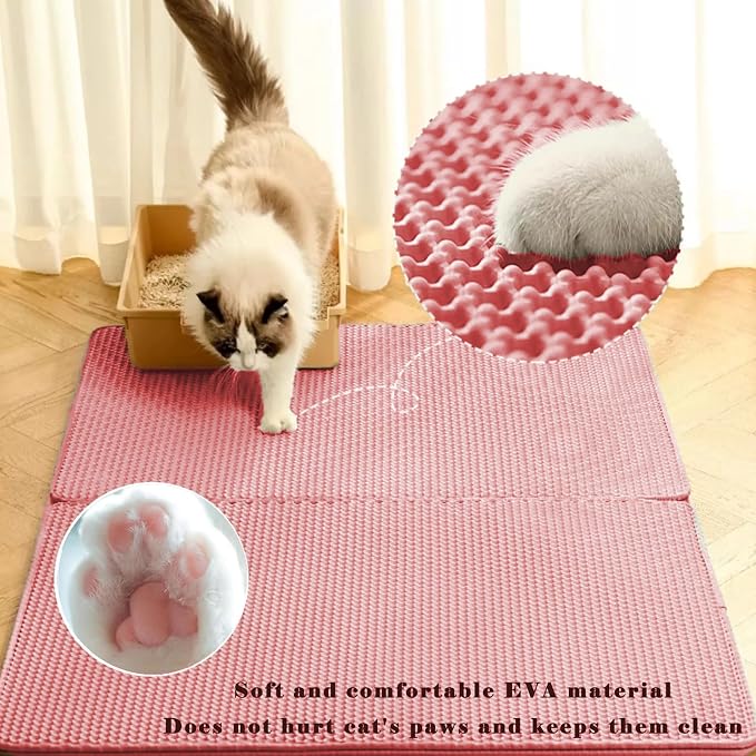 HCY&WLD Cat Litter Mat, Honeycomb Double Layer Litter Trapping Mat | Safe Materials, Soft on Paws, Waterproof Urine Proof Non-Slip, Protects Floors, Less Waste, Easy to Clean, Pink, 35" x 24"