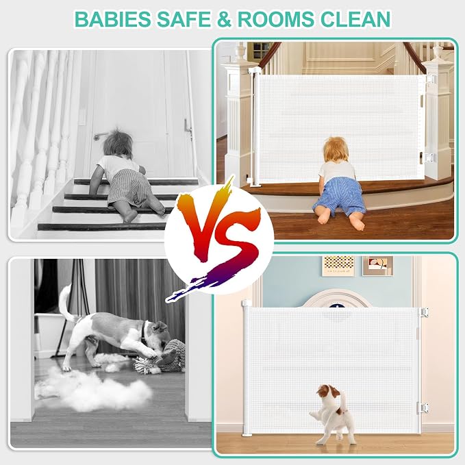 71 Inch Retractable Baby Gates Extra Wide, 41 Inch Reinforced Extra Tall Gate Mesh Safety Gate for Kids Pets, Retractable Dog Gate Baby Retractable Gate for Stair Hallway Doorway Indoor Outdoor, White