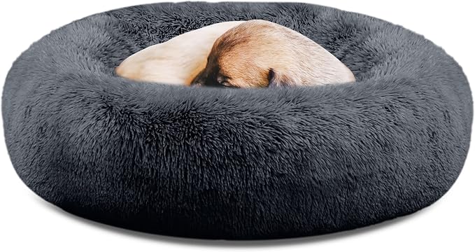 SAVFOX 36 inches Calming Donut Dog Bed - 3X Durable Plush Faux Fur, Machine Washable & Non-Slip, Fits up to 100 lbs, Dark Grey