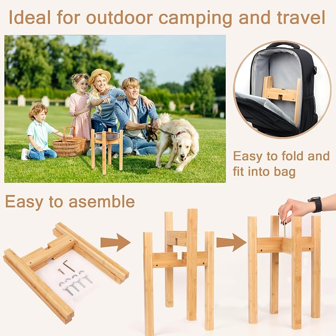 Elevated Dog Bowl Stand Adjustable Dog Food Holder 14”H Large Bamboo | 14” Elevated Dog Bowl Stand, Large Dogs, Adjustable, Fits 8”-11” Bowls, Single Bowl Holder, Natural Bamboo, Classic