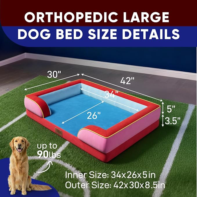 Comfort Expression Orthopedic Dog Bed for Extra Large Dogs with Bolster | Waterproof Dog Couch Bed with Washable Cover & Non-Slip Bottom, Supportive Egg Crate Foam XL Pet Bed, 42x30 Inch