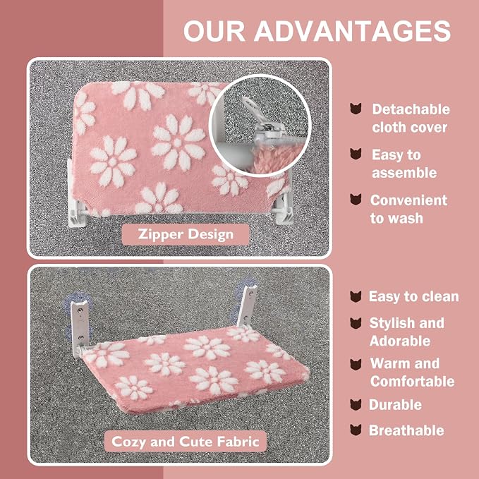 Cute Cat Window Perch, Foldable Cat Window Hammock, Pink | Cordless Window Seat Bed for Indoor Cats, 3D Textured Flower Cover, Strong Suction Cups