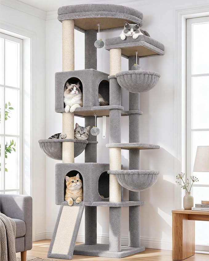 Globlazer 77in Cat Tree Tower for Indoor Cats Large Adult, F77, Light Grey | Heavy Duty Multi-level Climbing Tower with 6 Scratching Posts & Board, 2 Roomy Condos, 2 Padded Perches, 3 Sturdy Baskets
