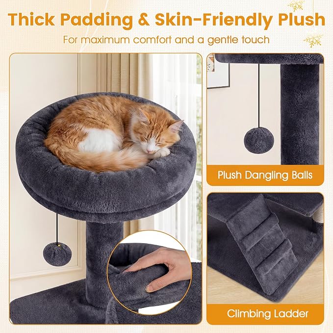 52-inch Cat Tree, Multi-Level Cat Tower with Sisal Scratching Posts, 2 Comfy Condos, Plush Padded Soft Top Perch, Dangling Balls, and Climbing Ladder, Ideal for Indoor Cats (Dark Grey)