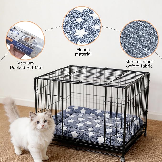 Dog Bed Mat for Crate, Soft Kennel Pad, Durable Comfort Mat for Dogs and Cats, Home and Crate Use (NavyBlue&Star, 18"*14"*1.5")