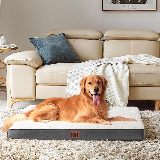 EHEYCIGA Orthopedic Dog Bed Large with Removable Washable Cover, 35IN Beige | Egg Crate Foam Support, Durable Oxford fabric, Non-Slip Bottom, Machine Washable, Soft Waterproof Plush Pet Bed Mat For Crate