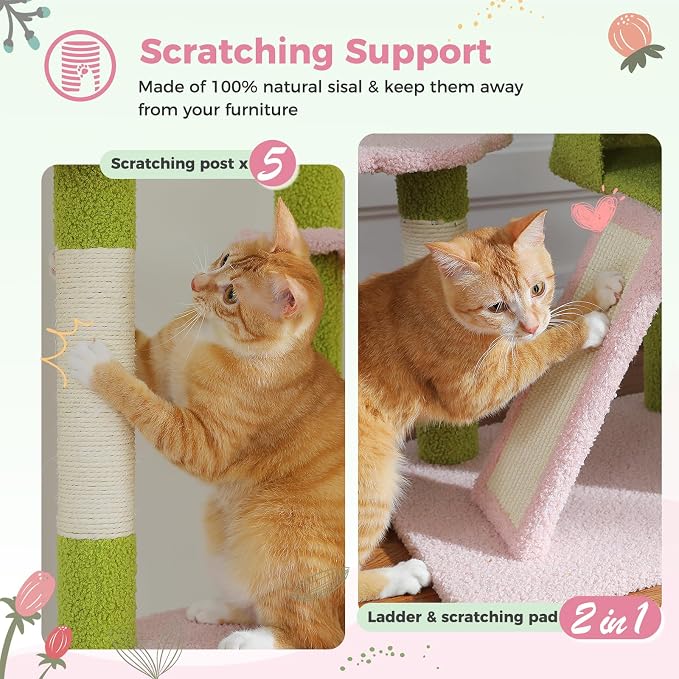 PEQULTI Floor to Ceiling Cat Tree Tower, Height Adjustable 230-252cm, Pink | Pink climbing pole for large cats with cat condo, hammock & sisal scratching posts; measure ceiling, fits 230-252cm