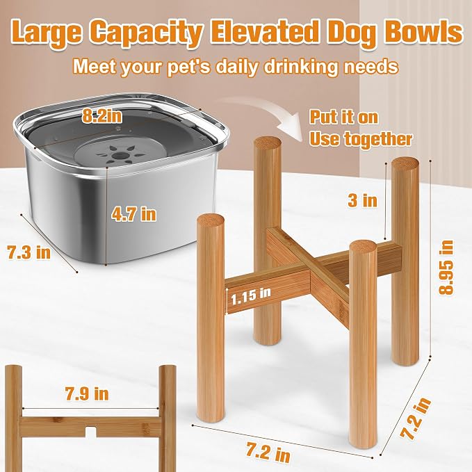 Decflow 3L Elevated Dog Water Bowl, Stainless Steel Raised Food Dispenser with Stand, Large Capacity No Spill Dog Water Bowl for Small, Medium and Large Dogs | Raised Feeder with Wood Stand, spill proof Design, Large Capacity, for Small Medium Large Do...