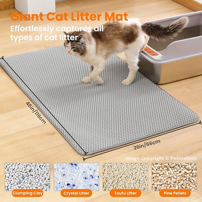 Extra Large Cat Litter Mat XXL, Double Layer Honeycomb, Gray | 46x26”, Reduces Litter Tracking, Easy to Clean, Waterproof, Non-Slip, Soft on Paws, Scratch Resistant, XXL