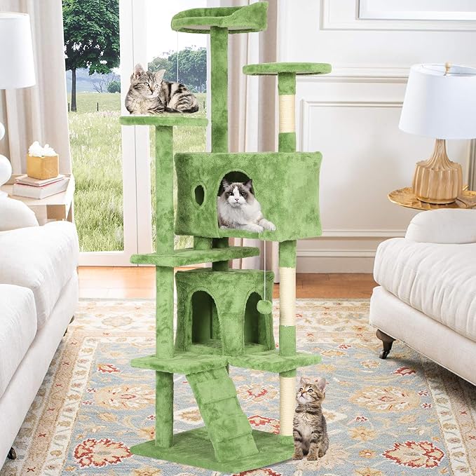 BestPet | 70" Cat Tree Tower | Green | Sturdy, Easy to Assemble, Multi-Level Activity Center with Sisal Scratching Posts, Condos, Perches, Hanging Cat Toys, Observation Decks & Ladder