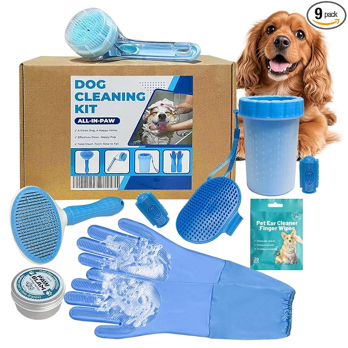 【𝗡𝗲𝘄 𝗳𝗼𝗿 𝟮𝟬𝟮𝟲】9PCS Dog Washing Kit - with Shampoo Brush,Pet Paw Cleaner and Claw Cream,Washing Gloves, Bath Brush,ToothBrushes & Ear Cleaner,Self Cleaning Slicker Brush,Dog Bath Supplies