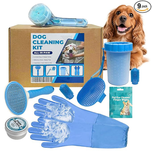 【𝗡𝗲𝘄 𝗳𝗼𝗿 𝟮𝟬𝟮𝟲】9PCS Dog Washing Kit - with Shampoo Brush,Pet Paw Cleaner and Claw Cream,Washing Gloves, Bath Brush,ToothBrushes & Ear Cleaner,Self Cleaning Slicker Brush,Dog Bath Supplies