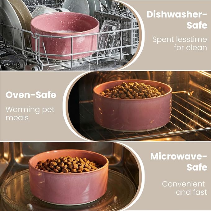 hjn Elevated Ceramic Dog Bowl with Bamboo Stand, Raised Pet Feeding Station for Small Medium Dogs Cats, Modern Design with Anti-Slip Base (Deep Pink, 3.6Cup)