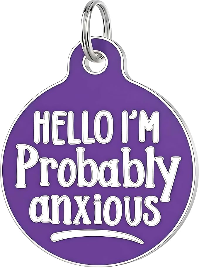 Bad Tags Personalized Dog and Cat ID Tags in 25+ Designs and 2 Sizes - 5 Lines of Custom Engraved Text - Funny Cute Personalized Pet Tags (Hello I'm Probably Anxious - Purple, Small (1 inch))
